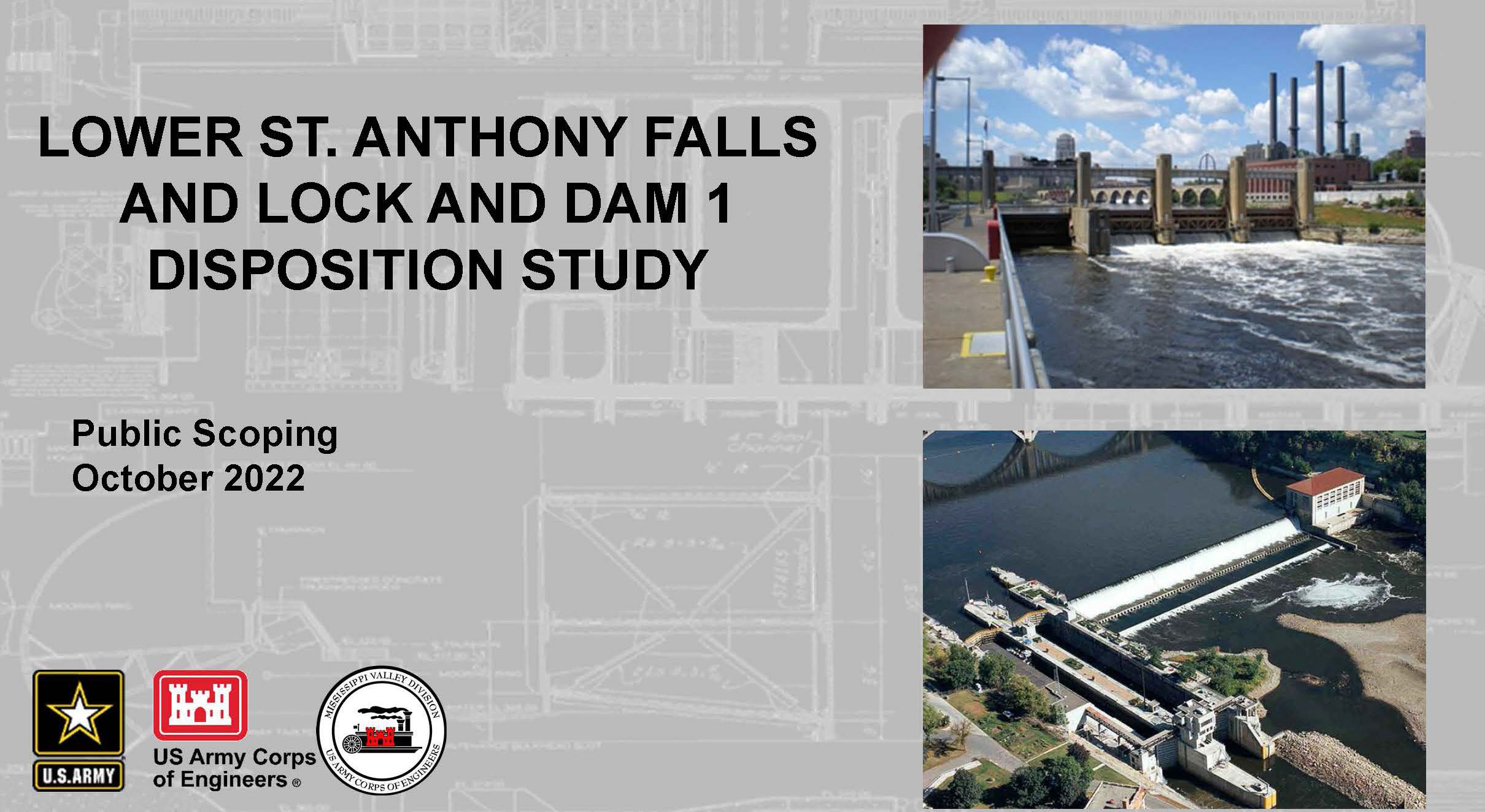 Cover slide of the Lower St. Anthony Falls Lock and Dam, and Lock and Dam 1 Disposition Study scoping presentation